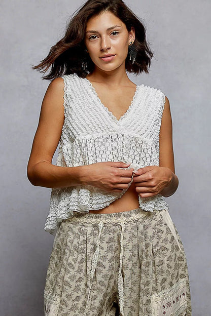 POL Textured Lace Cropped Tank with Trim Detail - Blu Lotus Boutique