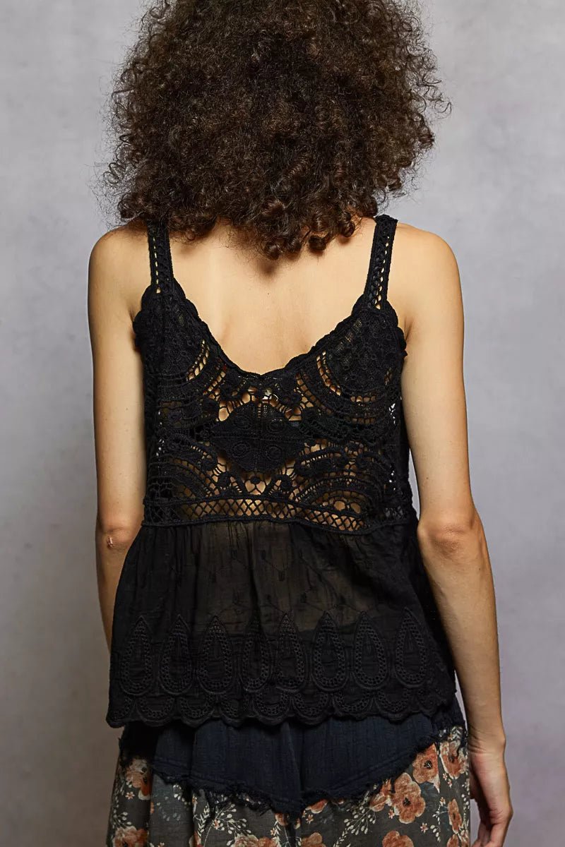 POL V - Neck Crochet Tank with Floral Embroidery Detail - Blu Lotus Boutique