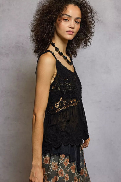 POL V - Neck Crochet Tank with Floral Embroidery Detail - Blu Lotus Boutique