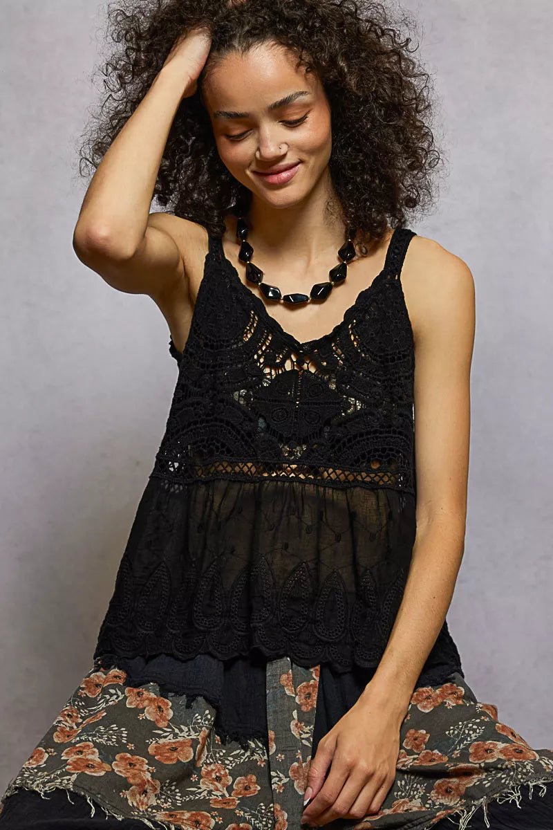 POL V - Neck Crochet Tank with Floral Embroidery Detail - Blu Lotus Boutique