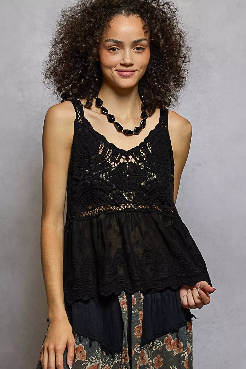POL V - Neck Crochet Tank with Floral Embroidery Detail - Blu Lotus Boutique