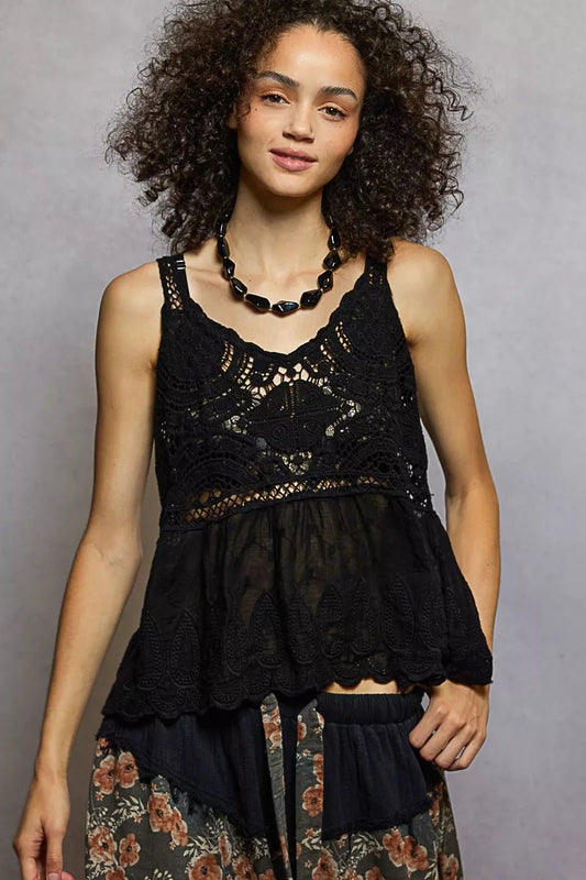 POL V - Neck Crochet Tank with Floral Embroidery Detail - Blu Lotus Boutique