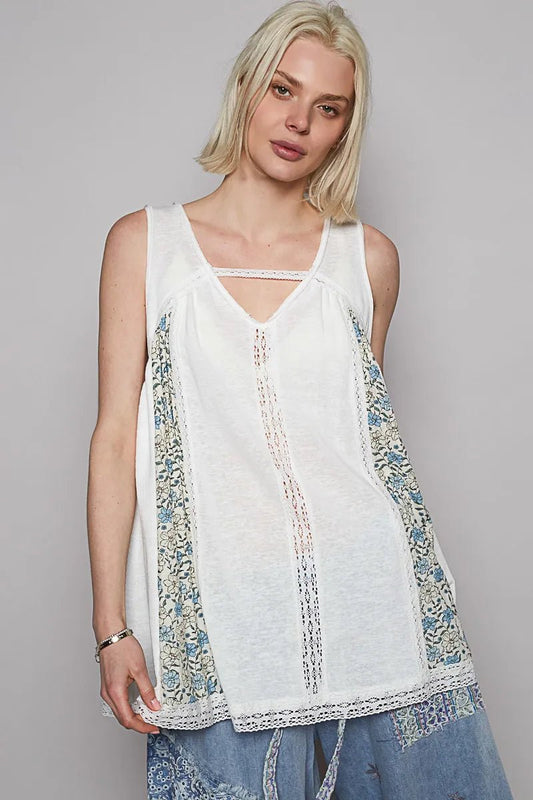 POL V Neck Sleeveless Tank Top with Lace Detail - Blu Lotus Boutique