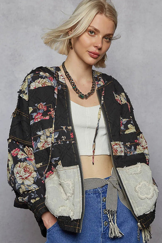 POL Zip Up Floral and Lace Patch Washed Jacket - Blu Lotus Boutique