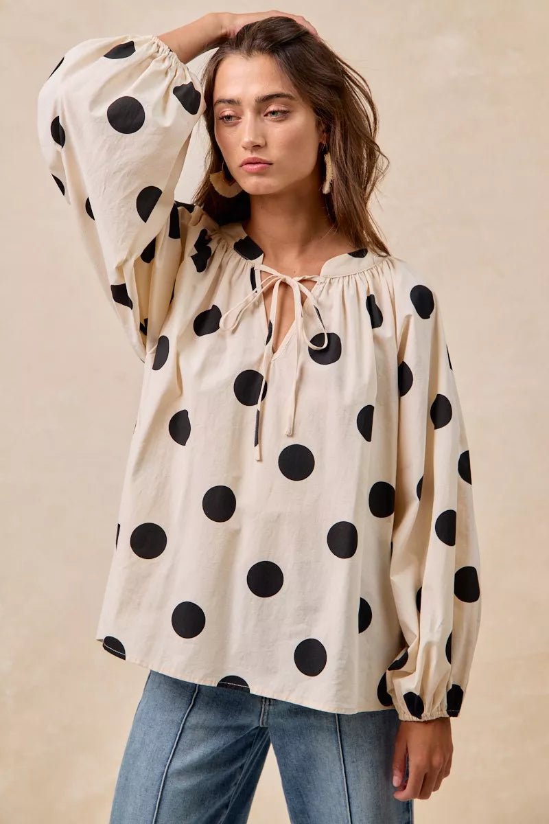 Polka Dot Exaggerated Balloon Sleeves Blouse - Blu Lotus Boutique