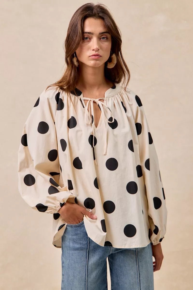 Polka Dot Exaggerated Balloon Sleeves Blouse - Blu Lotus Boutique