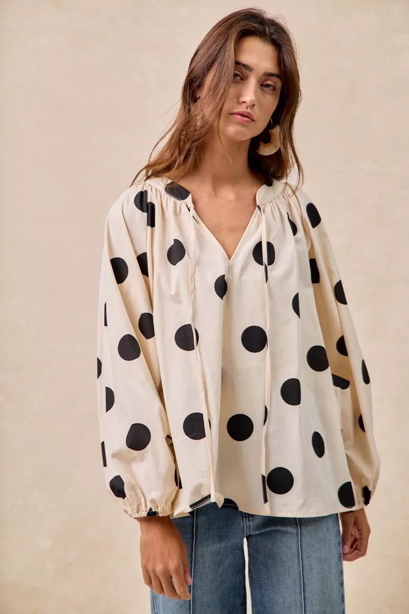 Polka Dot Exaggerated Balloon Sleeves Blouse - Blu Lotus Boutique