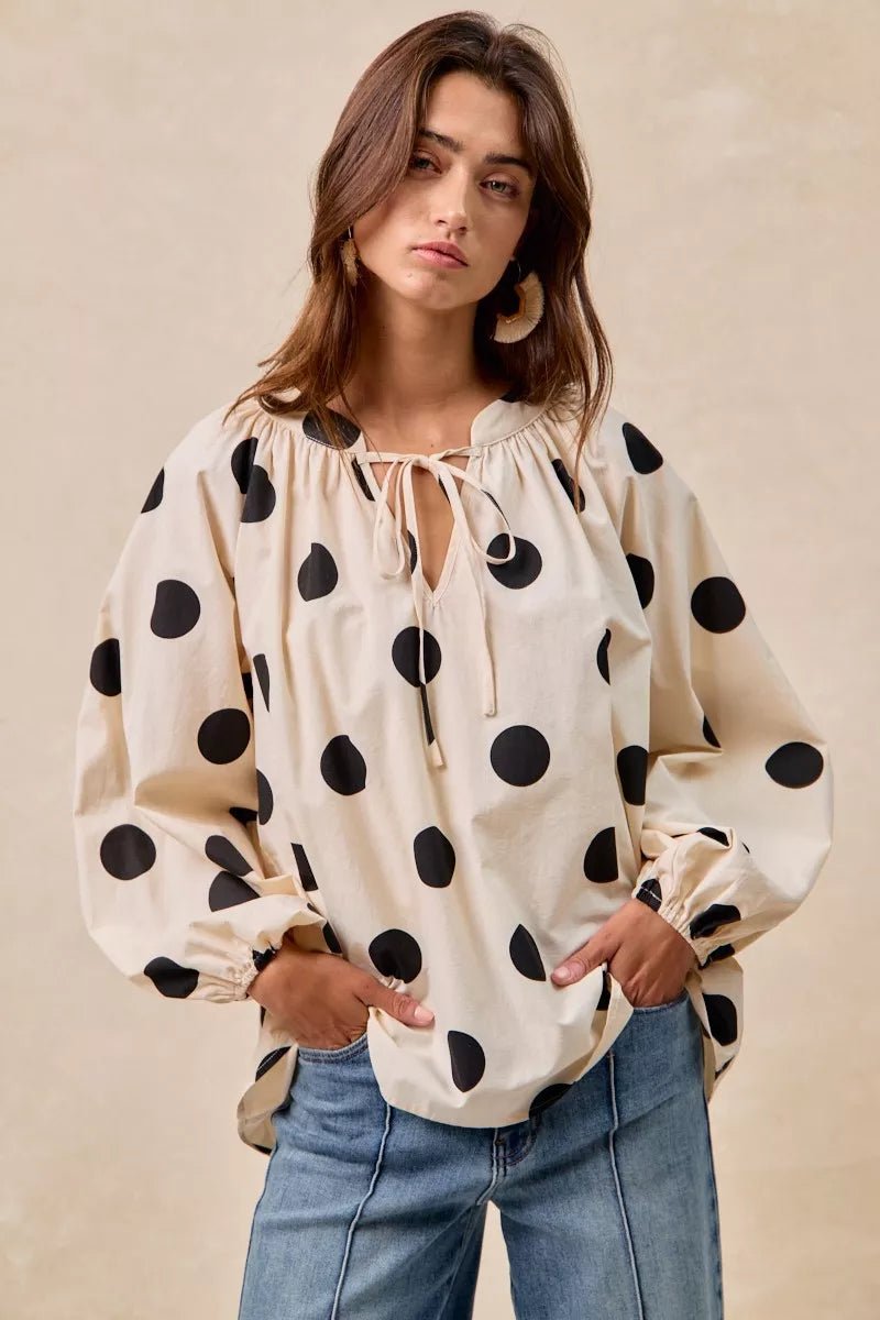 Polka Dot Exaggerated Balloon Sleeves Blouse - Blu Lotus Boutique