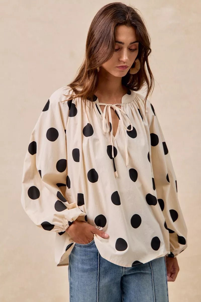 Polka Dot Exaggerated Balloon Sleeves Blouse - Blu Lotus Boutique