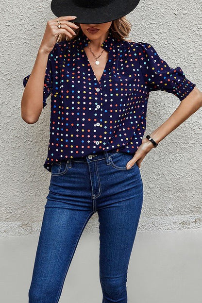Polka Dot Print Puff Sleeve Loose Shirt - Blu Lotus Boutique