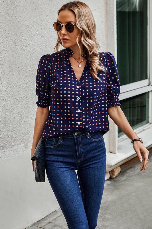 Polka Dot Print Puff Sleeve Loose Shirt - Blu Lotus Boutique
