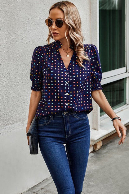 Polka Dot Print Puff Sleeve Loose Shirt - Blu Lotus Boutique