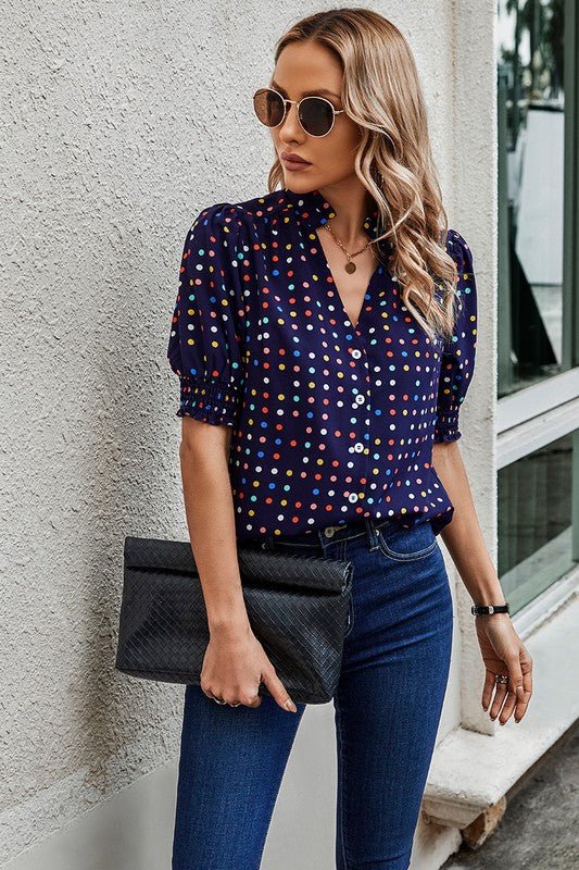 Polka Dot Print Puff Sleeve Loose Shirt - Blu Lotus Boutique