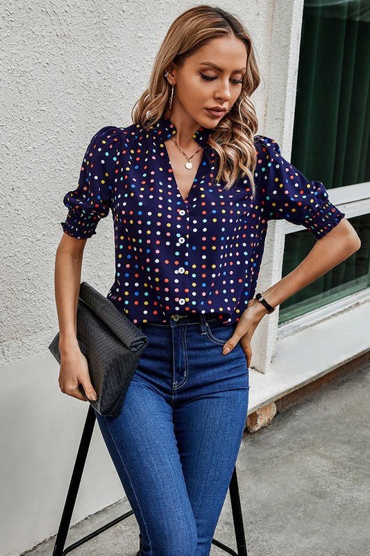 Polka Dot Print Puff Sleeve Loose Shirt - Blu Lotus Boutique