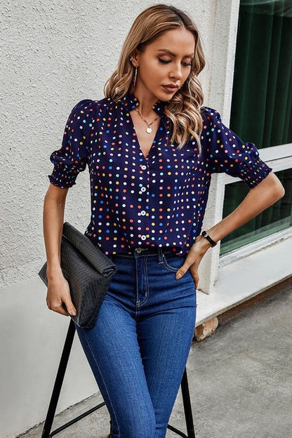 Polka Dot Print Puff Sleeve Loose Shirt - Blu Lotus Boutique