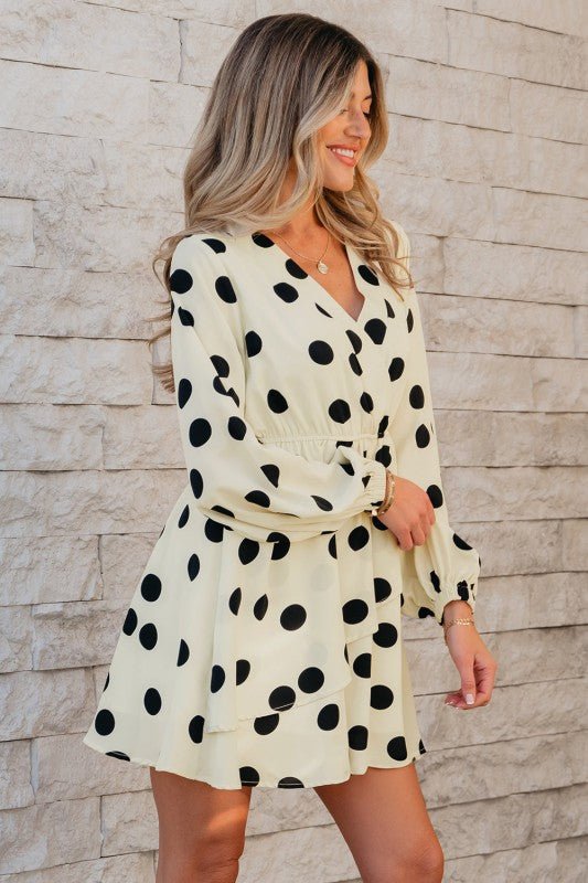 Polka Dot Surplice V - Neck Puff Sleeve Mini Dress - Blu Lotus Boutique