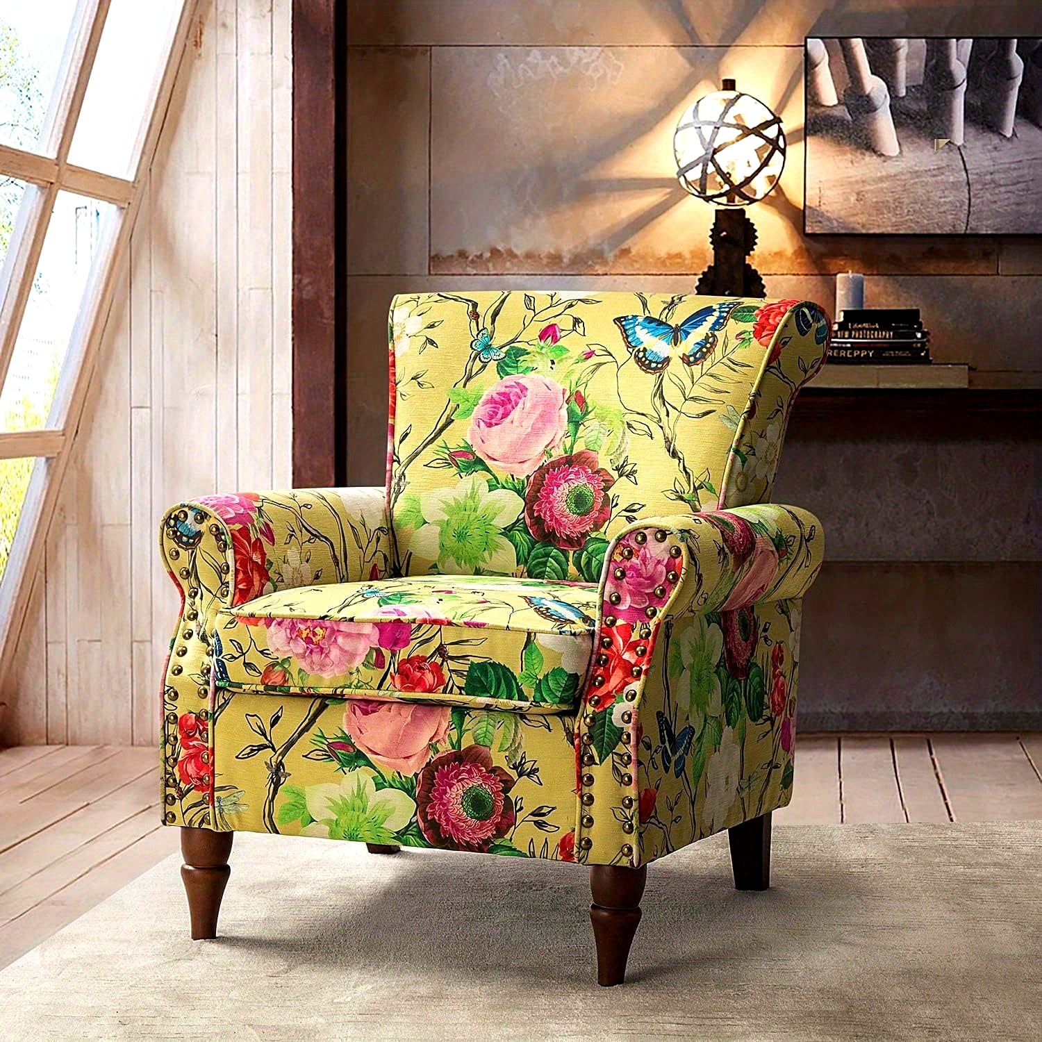 Modern Wingback Accent Chair With Wood Legs  Removable Cushion Stadium Seats For Sports Fields Sport Event Comfy Upholstered Armchair With Nailhead Trim Floral Pattern Sofa Chair For Bedroom Living Room Floral