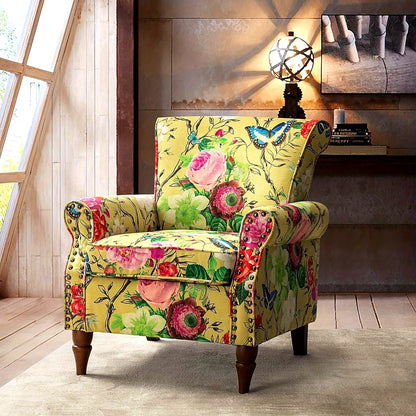 Modern Wingback Accent Chair With Wood Legs  Removable Cushion Stadium Seats For Sports Fields Sport Event Comfy Upholstered Armchair With Nailhead Trim Floral Pattern Sofa Chair For Bedroom Living Room Floral