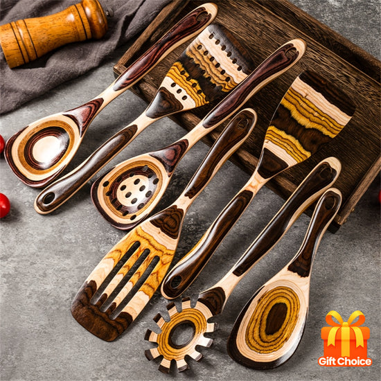 WOSPONFAN 7pc Pakkawood Spurtle Set NonStick Cooking Utensils