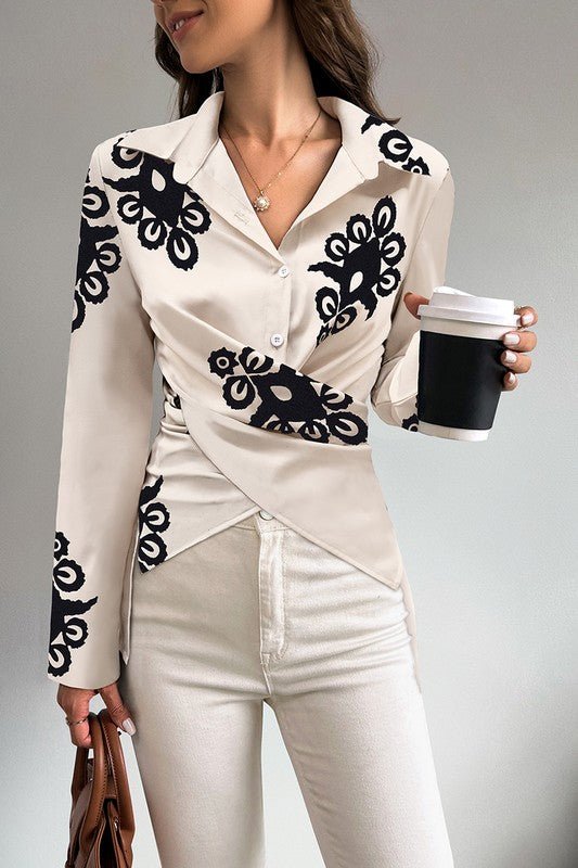 Print Button Cross Asymmetrical Hem Fit Blouse - Blu Lotus Boutique