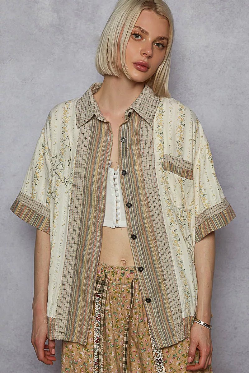 Printed Button Down Patchwork Short Sleeve Shirt - Blu Lotus Boutique