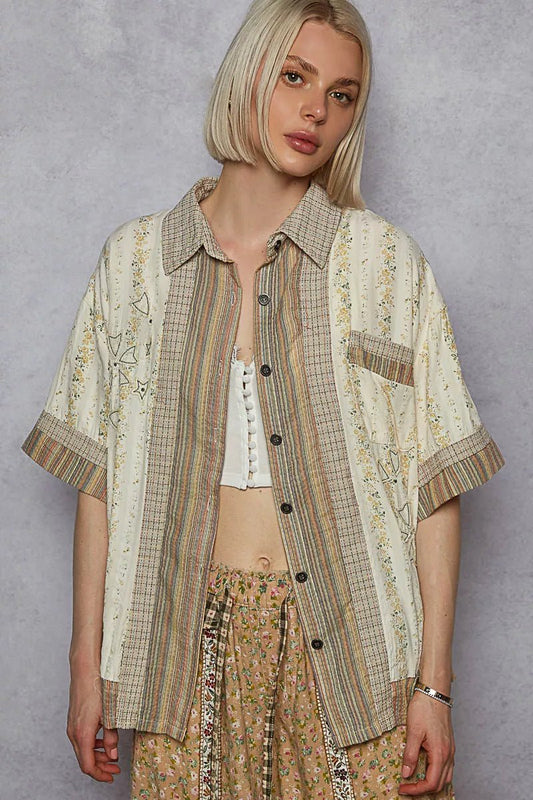 Printed Button Down Patchwork Short Sleeve Shirt - Blu Lotus Boutique