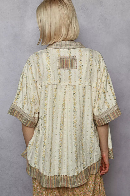 Printed Button Down Patchwork Short Sleeve Shirt - Blu Lotus Boutique