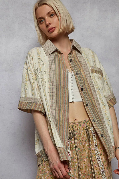 Printed Button Down Patchwork Short Sleeve Shirt - Blu Lotus Boutique