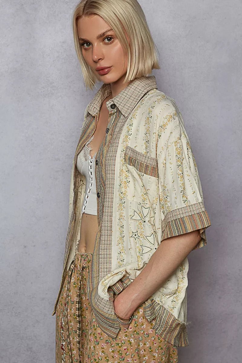Printed Button Down Patchwork Short Sleeve Shirt - Blu Lotus Boutique
