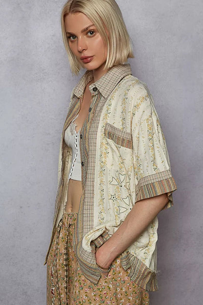 Printed Button Down Patchwork Short Sleeve Shirt - Blu Lotus Boutique