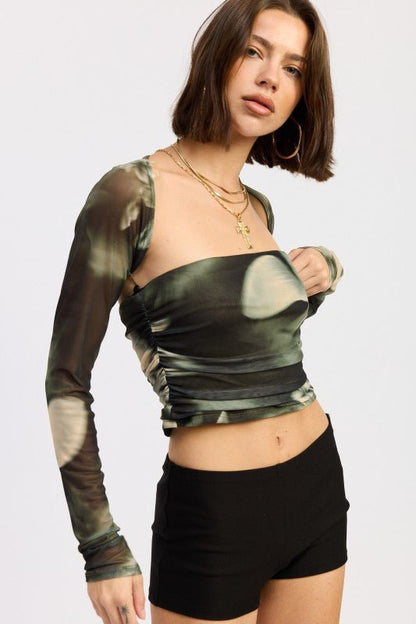 PRINTED MESH TUBE TOP WITH DETACHABLE SHRUG - Blu Lotus Boutique