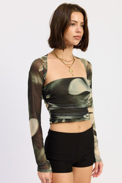 PRINTED MESH TUBE TOP WITH DETACHABLE SHRUG - Blu Lotus Boutique