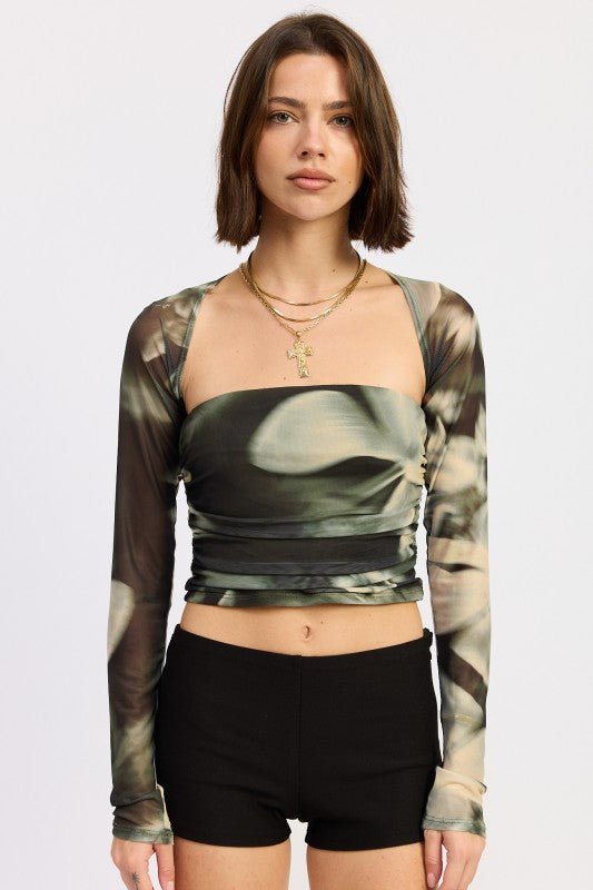 PRINTED MESH TUBE TOP WITH DETACHABLE SHRUG - Blu Lotus Boutique