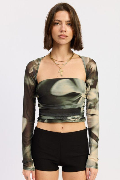 PRINTED MESH TUBE TOP WITH DETACHABLE SHRUG - Blu Lotus Boutique
