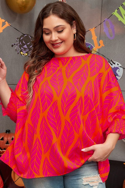 Printed Smocked Lantern Sleeve Plus Size Blouse - Blu Lotus Boutique
