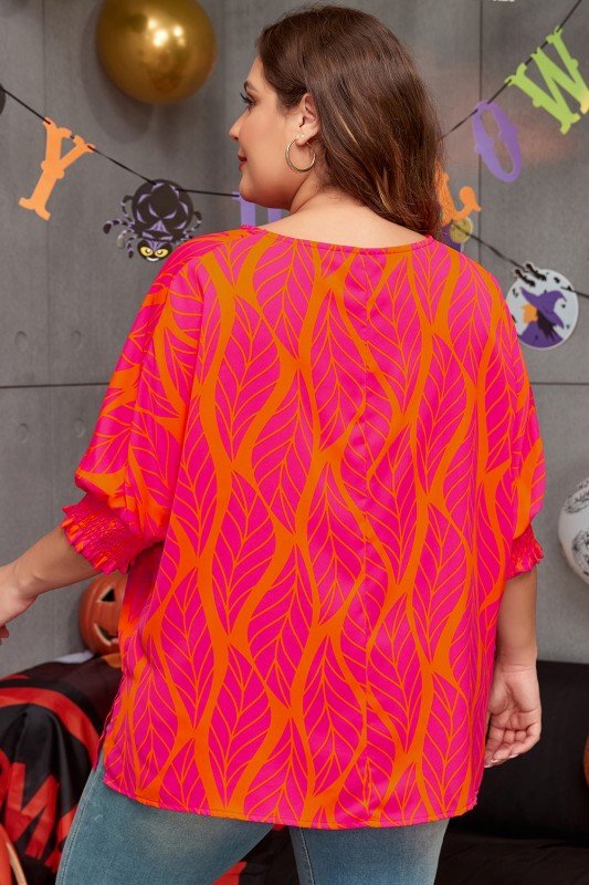 Printed Smocked Lantern Sleeve Plus Size Blouse - Blu Lotus Boutique