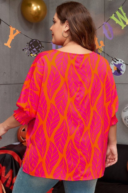 Printed Smocked Lantern Sleeve Plus Size Blouse - Blu Lotus Boutique