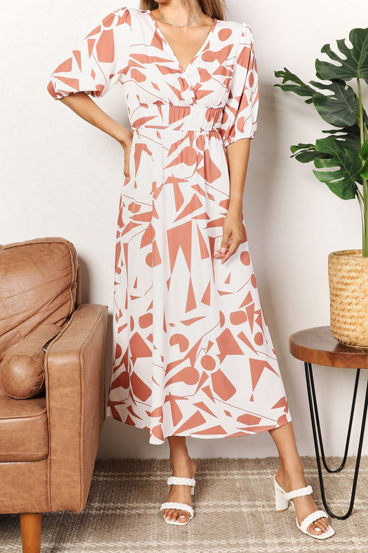 Printed Surplice Balloon Sleeve Dress - Blu Lotus Boutique
