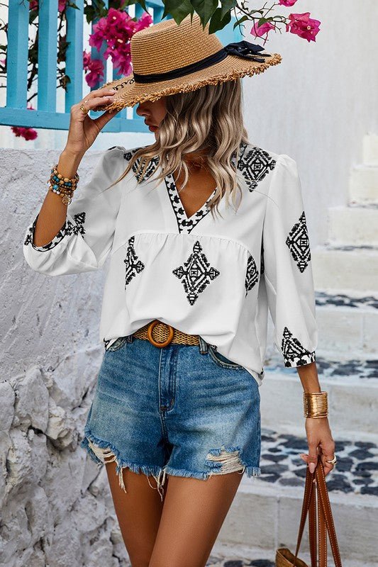 Printed T Shirt V Neck Loose Puff Sleeves Shirts - Blu Lotus Boutique