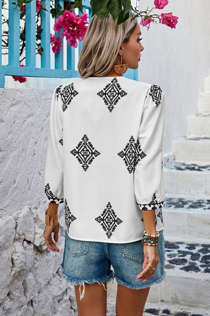 Printed T Shirt V Neck Loose Puff Sleeves Shirts - Blu Lotus Boutique