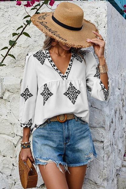 Printed T Shirt V Neck Loose Puff Sleeves Shirts - Blu Lotus Boutique