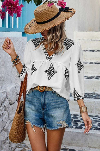Printed T Shirt V Neck Loose Puff Sleeves Shirts - Blu Lotus Boutique