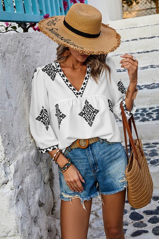 Printed T Shirt V Neck Loose Puff Sleeves Shirts - Blu Lotus Boutique