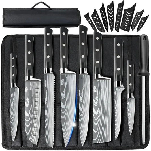 Professional Chef Knife Set with Roll Bag, 9PCS Japanese Kitchen Sharpener, High Carbon Stainless Steel K - Blu Lotus Boutique