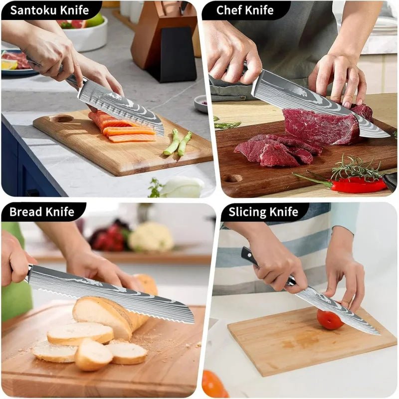 Professional Chef Knife Set with Roll Bag, 9PCS Japanese Kitchen Sharpener, High Carbon Stainless Steel K - Blu Lotus Boutique