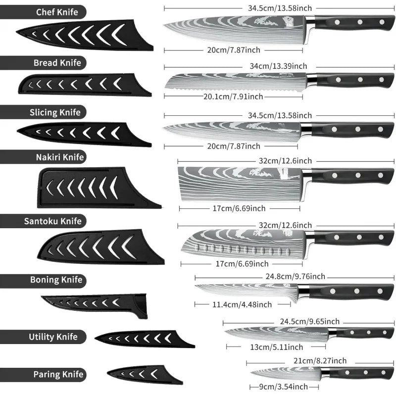 Professional Chef Knife Set with Roll Bag, 9PCS Japanese Kitchen Sharpener, High Carbon Stainless Steel K - Blu Lotus Boutique