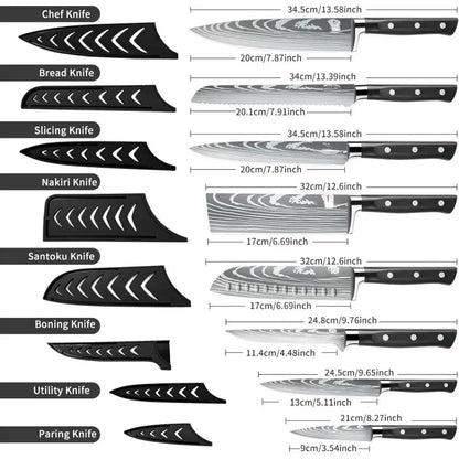 Professional Chef Knife Set with Roll Bag, 9PCS Japanese Kitchen Sharpener, High Carbon Stainless Steel K - Blu Lotus Boutique