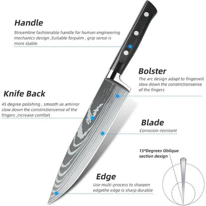 Professional Chef Knife Set with Roll Bag, 9PCS Japanese Kitchen Sharpener, High Carbon Stainless Steel K - Blu Lotus Boutique
