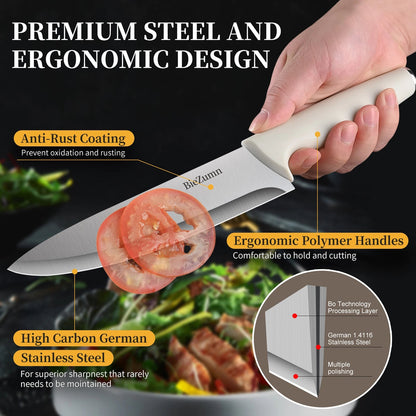 Professional Kitchen Knife Set Japanese - Style Knife Set Stainless Steel Knife Set with Knife Holder Sashimi Knife Suitable for Slicing Fish and Meat Kitchen Essentials White Non - Slip Handle Can Be Washed in a Washing Machine - Blu Lotus Boutique