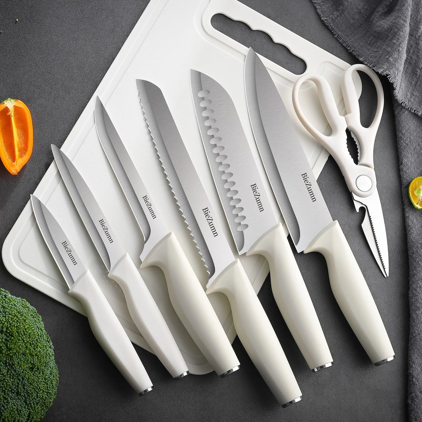 Professional Kitchen Knife Set Japanese - Style Knife Set Stainless Steel Knife Set with Knife Holder Sashimi Knife Suitable for Slicing Fish and Meat Kitchen Essentials White Non - Slip Handle Can Be Washed in a Washing Machine - Blu Lotus Boutique